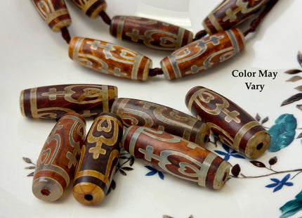 One Piece 14x40 mm AAA DZI Tibetan Brown Gemstone Large 2.0mm Hole Mala Antique Cross Heart Design Boho Barrel Beads 1.5 Inch Long #4771