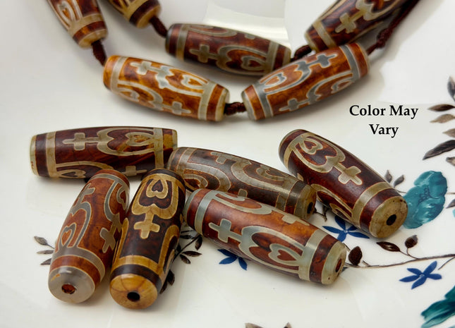 One Piece 14x40 mm AAA DZI Tibetan Brown Gemstone Large 2.0mm Hole Mala Antique Cross Heart Design Boho Barrel Beads 1.5 Inch Long #4771