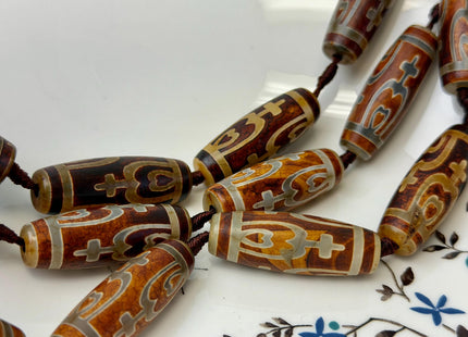 One Piece 14x40 mm AAA DZI Tibetan Brown Gemstone Large 2.0mm Hole Mala Antique Cross Heart Design Boho Barrel Beads 1.5 Inch Long #4771
