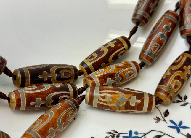 One Piece 14x40 mm AAA DZI Tibetan Brown Gemstone Large 2.0mm Hole Mala Antique Cross Heart Design Boho Barrel Beads 1.5 Inch Long #4771