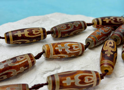 One Piece 14x40 mm AAA DZI Tibetan Brown Gemstone Large 2.0mm Hole Mala Antique Cross Heart Design Boho Barrel Beads 1.5 Inch Long #4771