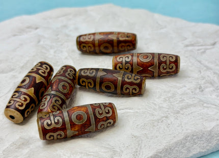 One Piece 14x40 mm AAA DZI Tibetan Brown Gemstone Large 2.0mm Hole Mala Antique Design Boho Barrel Beads 1.5 Inch Long #4772