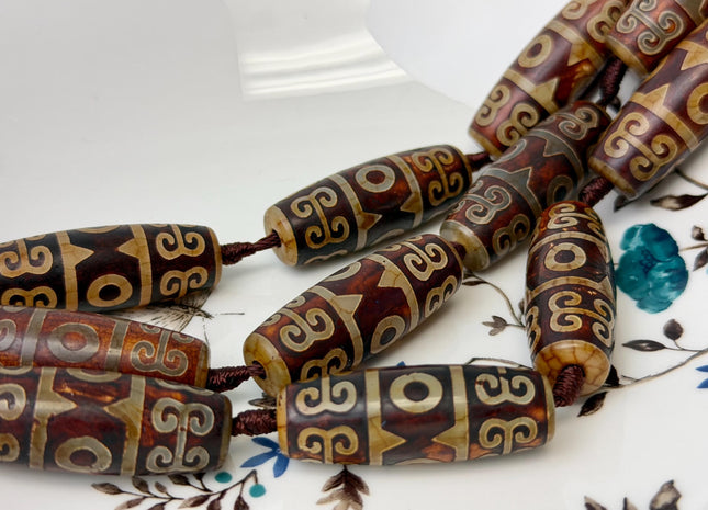 One Piece 14x40 mm AAA DZI Tibetan Brown Gemstone Large 2.0mm Hole Mala Antique Design Boho Barrel Beads 1.5 Inch Long #4772