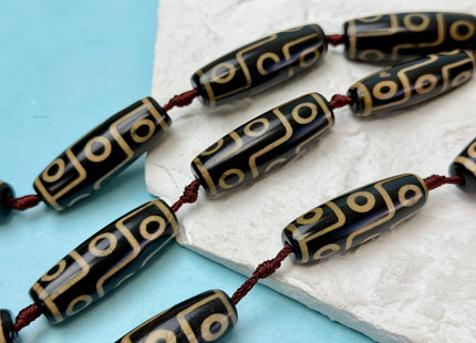 One Piece 14x40 mm AAA DZI Tibetan Black Brown Gemstone Large 2.0mm Hole Mala Antique Design Boho Barrel Beads 1.5 Inch Long #4773