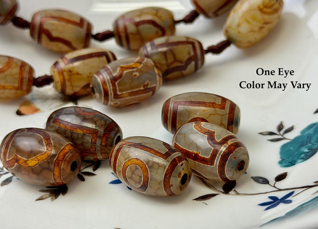 Three Pieces 15x22 mm AAA DZI Tibetan Brown Gemstone Large 2.0mm Hole Mala Antique Design Boho Barrel Eye Beads #4807