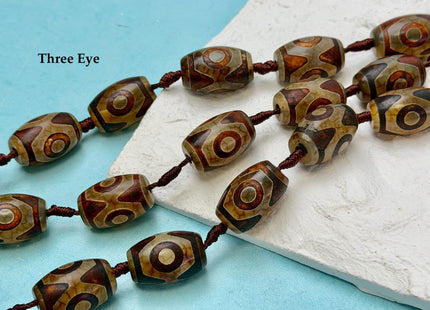 Three Pieces 15x22 mm AAA DZI Tibetan Brown Gemstone Large 2.0mm Hole Mala Antique Design Boho Barrel Eye Beads #4807