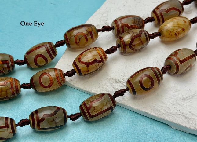 Three Pieces 15x22 mm AAA DZI Tibetan Brown Gemstone Large 2.0mm Hole Mala Antique Design Boho Barrel Eye Beads #4807
