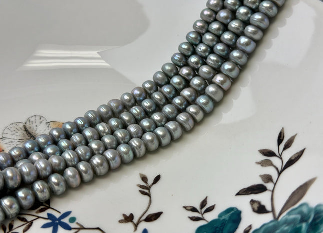 7 mm Large Hole Silver Gray Half Strand Round Button Rondelle Freshwater Pearls Hole Size 1.5mm Freshwater Pearl 37 Beads #P3427