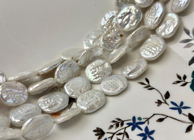 14-15x19-21 mm Natural White Freshwater Oval Coin Pearls Flat Oval Coin Beads 15.5 Inch Strand 19 Beads #P3366