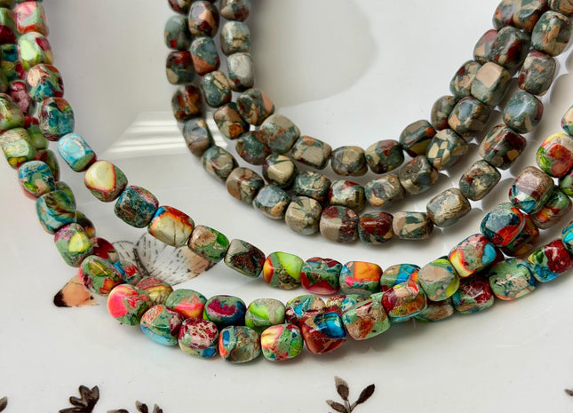 5-6x7-7.5 mm Natural Jasper Gemstone Nugget Beads Multi Green Red Brown Blue Color Rectangular Shape Beads #4774