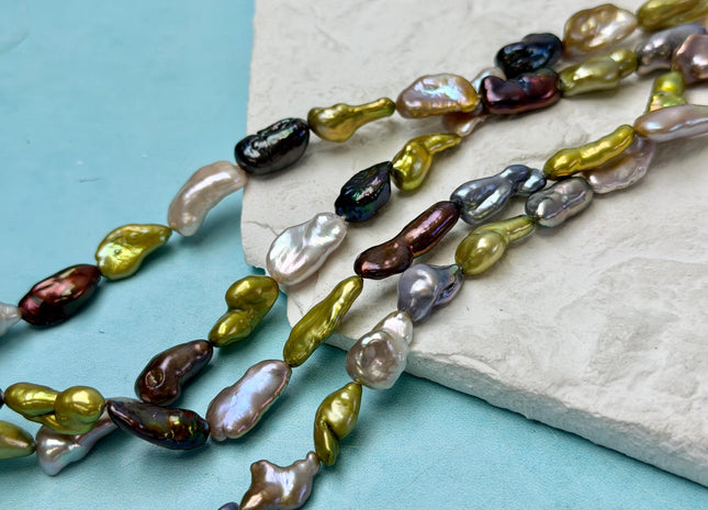 7-10x12-21 mm AA Green Gray Brown Peacock Natural Keshi Rice/Oval Nugget High Luster Freshwater Pearl Beads #P3368