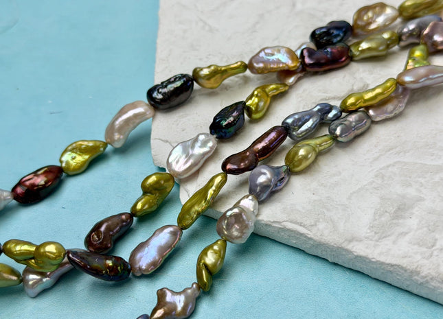 7-10x12-21 mm AA Green Gray Brown Peacock Natural Keshi Rice/Oval Nugget High Luster Freshwater Pearl Beads #P3368