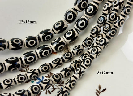 8x12mm 12x15 mm AAA DZI Tibetan Agate Barrel Shape Black White Agate Gemstone Mala Antique Boho Beads 13.5 Inches 29 Pieces #4777