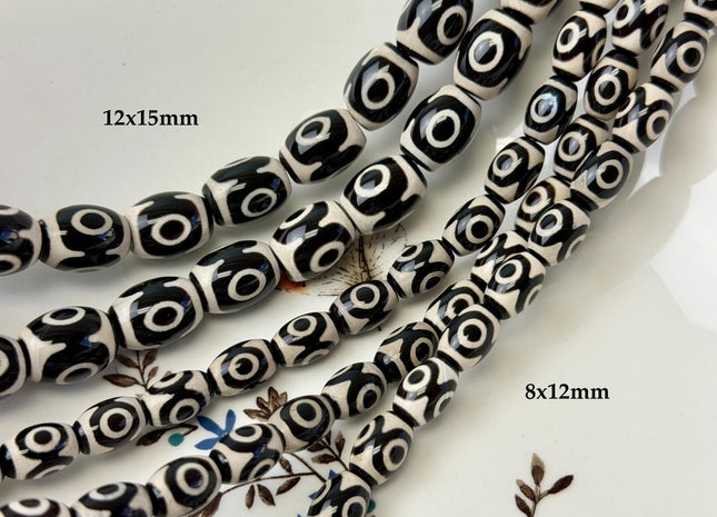 8x12mm 12x15 mm AAA DZI Tibetan Agate Barrel Shape Black White Agate Gemstone Mala Antique Boho Beads 13.5 Inches 29 Pieces #4777
