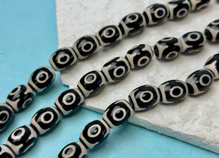 8x12mm 12x15 mm AAA DZI Tibetan Agate Barrel Shape Black White Agate Gemstone Mala Antique Boho Beads 13.5 Inches 29 Pieces #4777