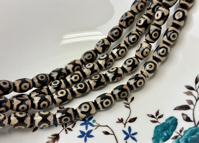 10x14 mm AAA DZI Tibetan Agate Barrel Shape Black Brown Agate Gemstone Mala Antique Boho Eye Beads 13.5 Inches 25 Pieces #4778