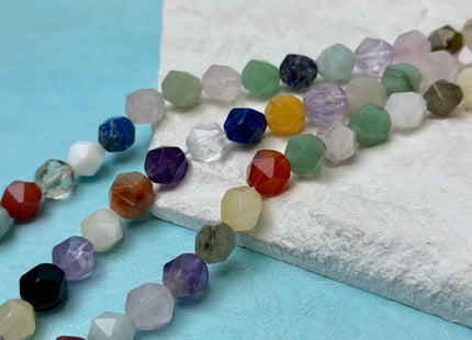 6mm 8mm Faceted Star Cut Amethyst Lapis Jade Black Tourmaline Rose Quartz Gemstones 15 Inches Strand #4791