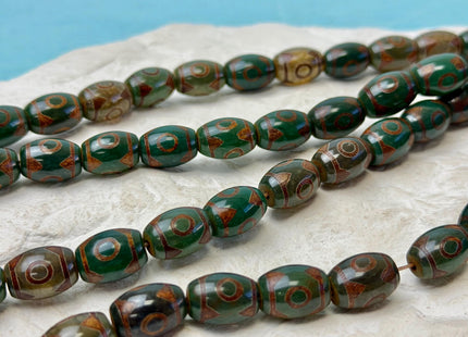 10x14 mm AAA DZI Tibetan Agate Barrel Shape Green Brown Agate Gemstone Mala Antique Boho Eye Beads 13.5 Inches 25 Pieces #4781