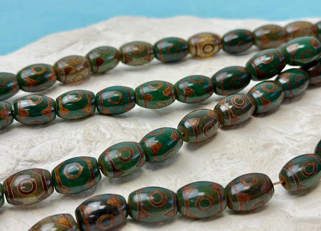 10x14 mm AAA DZI Tibetan Agate Barrel Shape Green Brown Agate Gemstone Mala Antique Boho Eye Beads 13.5 Inches 25 Pieces #4781