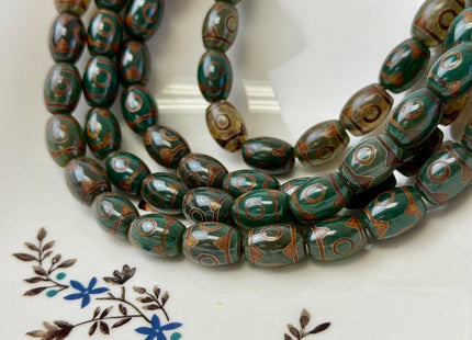 10x14 mm AAA DZI Tibetan Agate Barrel Shape Green Brown Agate Gemstone Mala Antique Boho Eye Beads 13.5 Inches 25 Pieces #4781