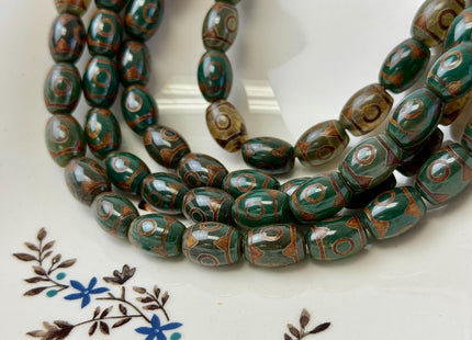 10x14 mm AAA DZI Tibetan Agate Barrel Shape Green Brown Agate Gemstone Mala Antique Boho Eye Beads 13.5 Inches 25 Pieces #4781