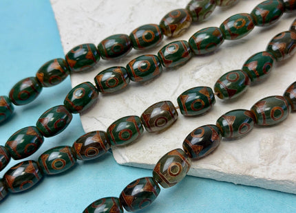 10x14 mm AAA DZI Tibetan Agate Barrel Shape Green Brown Agate Gemstone Mala Antique Boho Eye Beads 13.5 Inches 25 Pieces #4781