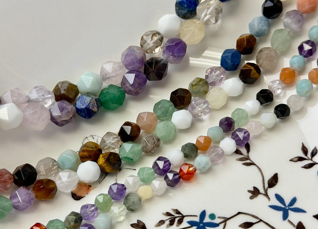 6mm 8mm 10mm Faceted Star Cut Mixed Amethyst Amazonite Aquamarine Carnelian Quartz Gemstone Beads 15 Inches Strand #4782