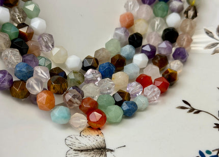 6mm 8mm 10mm Faceted Star Cut Mixed Amethyst Amazonite Aquamarine Carnelian Quartz Gemstone Beads 15 Inches Strand #4782
