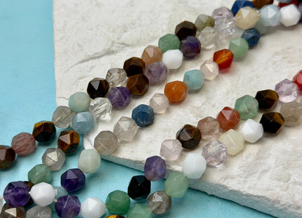 6mm 8mm 10mm Faceted Star Cut Mixed Amethyst Amazonite Aquamarine Carnelian Quartz Gemstone Beads 15 Inches Strand #4782