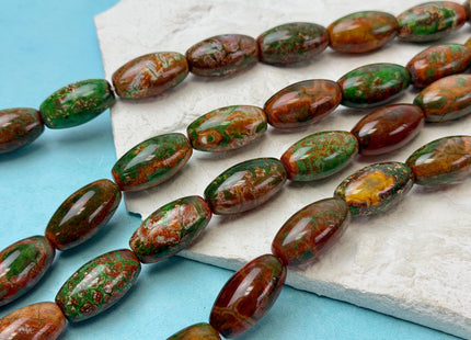 One Piece 13x24 mm AAA DZI Tibetan Agate Green and Brown Gemstone Large 1.5mm Hole Mala Antique Boho Barrel Beads #4785