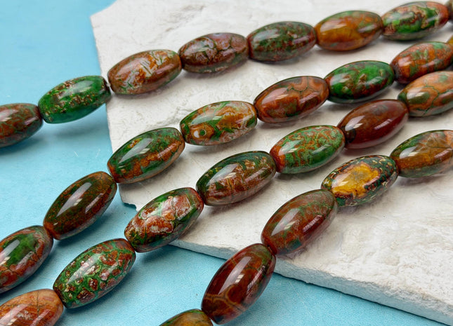 One Piece 13x24 mm AAA DZI Tibetan Agate Green and Brown Gemstone Large 1.5mm Hole Mala Antique Boho Barrel Beads #4785