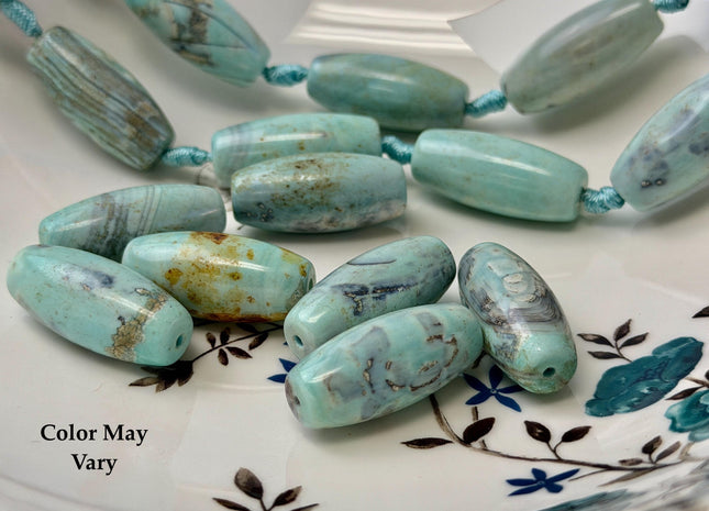 3 Pieces 13x29mm Natural Dragon Skin Agate Gemstone Smooth Barrel Shape Blue Green Brown Color Agate Large 2.0mm Hole #4813