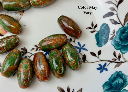 One Piece 13x24 mm AAA DZI Tibetan Agate Green and Brown Gemstone Large 1.5mm Hole Mala Antique Boho Barrel Beads #4785