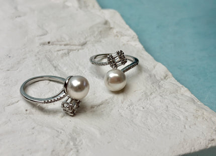 Natural White Freshwater Pearl Ring White 14K Gold Filled Brass Button Pearl Adjustable Dainty Rings With CZ Gemstones #10047-M