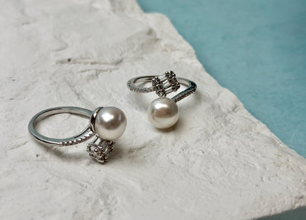 Natural White Freshwater Pearl Ring White 14K Gold Filled Brass Button Pearl Adjustable Dainty Rings With CZ Gemstones #10047-M