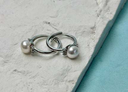 Natural White Freshwater Pearl Ring White 14K Gold Filled Brass Button Pearl Adjustable Dainty Rings With CZ Gemstones #10047-M