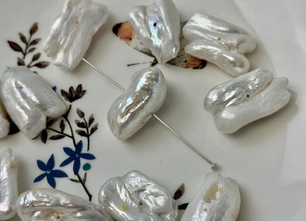 13-15x22-26 mm Natural White Biwa Freshwater Pearl Center Drilled Rare Thick High Luster Biwa Pearl Beads #P3398