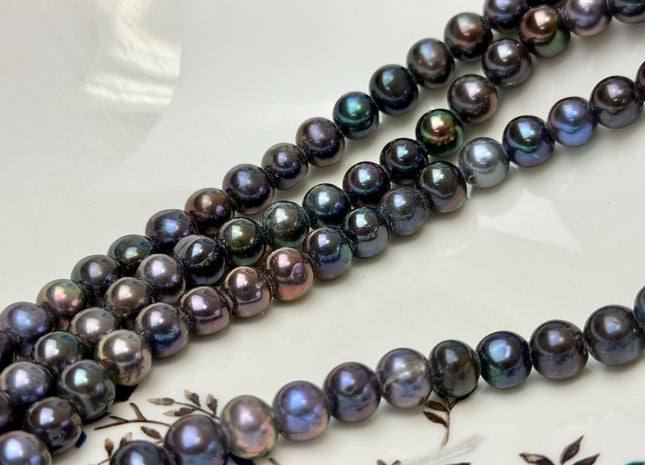 8-9mm Half Strand Large Hole Dark Peacock Potato Freshwater Pearls Hole Size 2.2mm 25 Beads #P3378