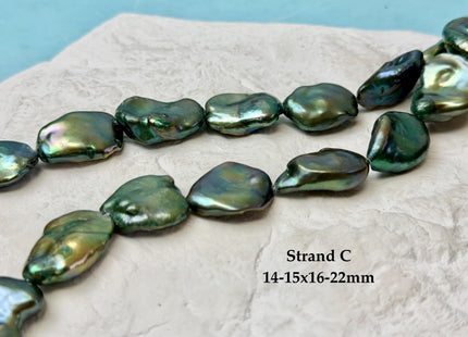 15-18 mm AAA Forest Green Color Jumbo Keshi Freshwater Pearls Very Rare High Luster With Gold Sheen Pearls #P3377