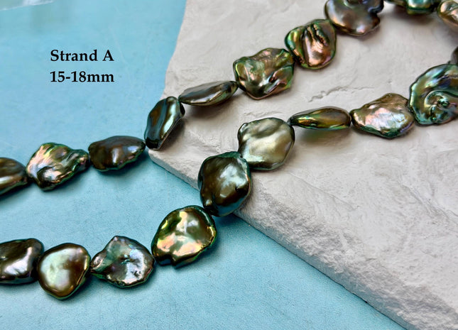 15-18 mm AAA Forest Green Color Jumbo Keshi Freshwater Pearls Very Rare High Luster With Gold Sheen Pearls #P3377