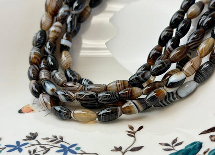 6x12 mm Barrel Shape Smooth Black Brown White Mixed Agate 15 Inches Strand 32 Beads #4828