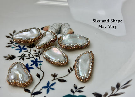 One Piece 14-17x27-34mm Natural White Biwa Stick Pearl with Pave Rose Gold & Clear Rhinestone/Cubic Zircoonia Pearl Pendant #P3451