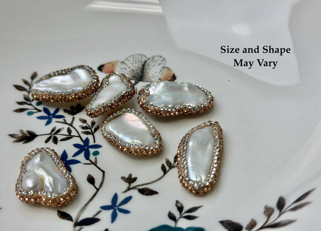 One Piece 14-17x27-34mm Natural White Biwa Stick Pearl with Pave Rose Gold & Clear Rhinestone/Cubic Zircoonia Pearl Pendant #P3451