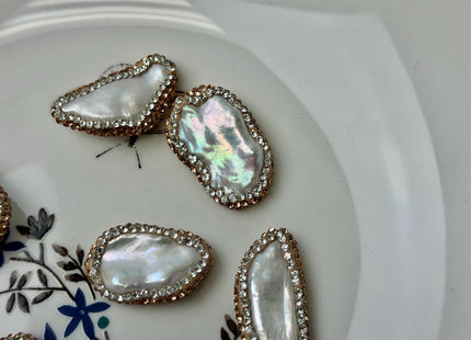 One Piece 14-17x27-34mm Natural White Biwa Stick Pearl with Pave Rose Gold & Clear Rhinestone/Cubic Zircoonia Pearl Pendant #P3451