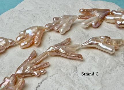 AAA Rare Chicken Feet Shape Freshwater Pearl Beads Natural Mauve Pink and Peach Color High Luster Limited Biwa Pearls 11 Pieces #P3381