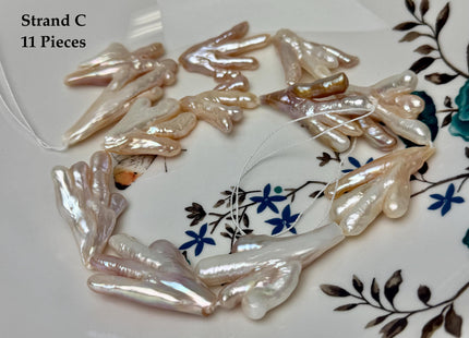 AAA Rare Chicken Feet Shape Freshwater Pearl Beads Natural Mauve Pink and Peach Color High Luster Limited Biwa Pearls 11 Pieces #P3381