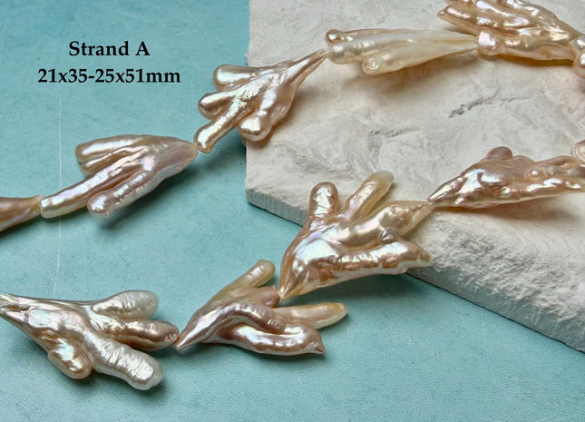 AAA Rare Chicken Feet Shape Freshwater Pearl Beads Natural Mauve Pink and Peach Color High Luster Limited Biwa Pearls 11 Pieces #P3381