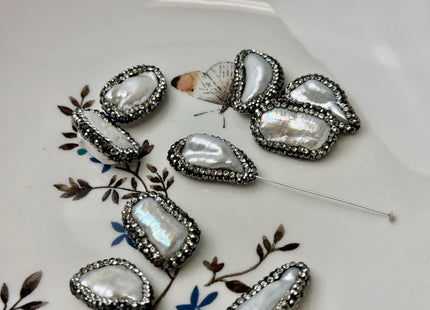 One Piece 14-15x18-24mm Natural White or Gray Biwa Stick Pearl W/ Pave Hematite Rhinestone/Cubic Zirconia Half Drilled Pearl Pendant #P3455