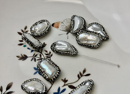 One Piece 14-15x18-24mm Natural White or Gray Biwa Stick Pearl W/ Pave Hematite Rhinestone/Cubic Zirconia Half Drilled Pearl Pendant #P3455