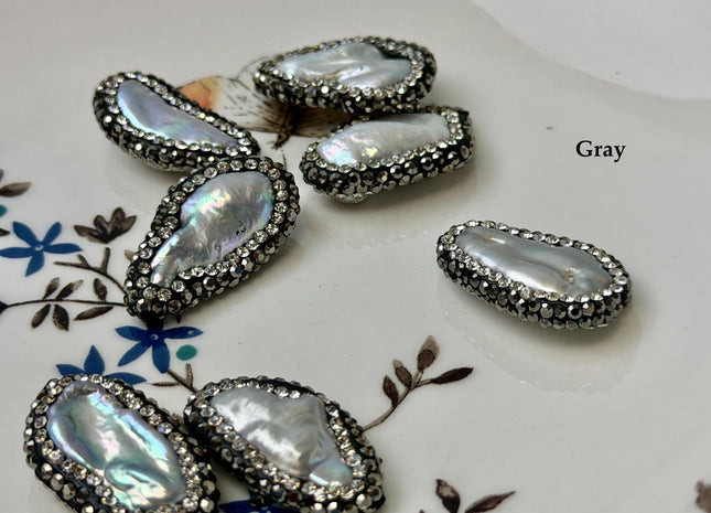 One Piece 14-15x18-24mm Natural White or Gray Biwa Stick Pearl W/ Pave Hematite Rhinestone/Cubic Zirconia Half Drilled Pearl Pendant #P3455